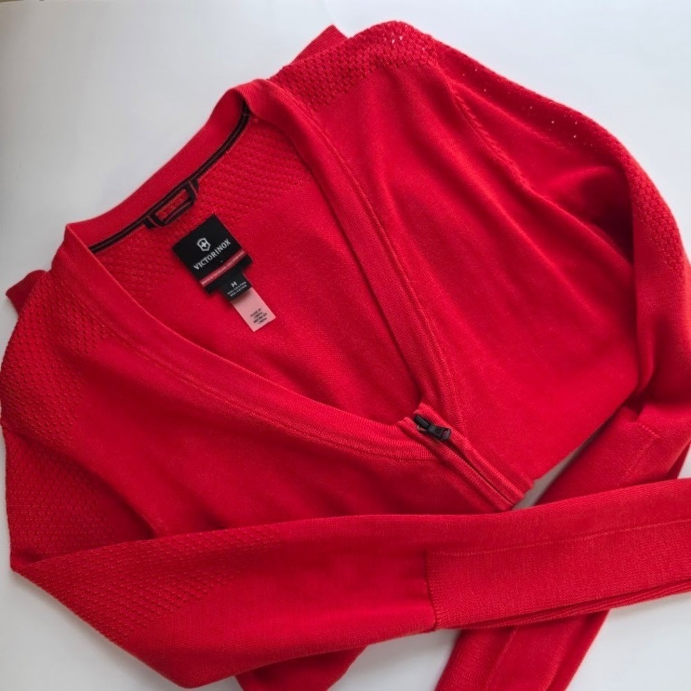 VICTORINOX Womens Red Full Zip Cardigan Sweater Size Medium Knit Textured